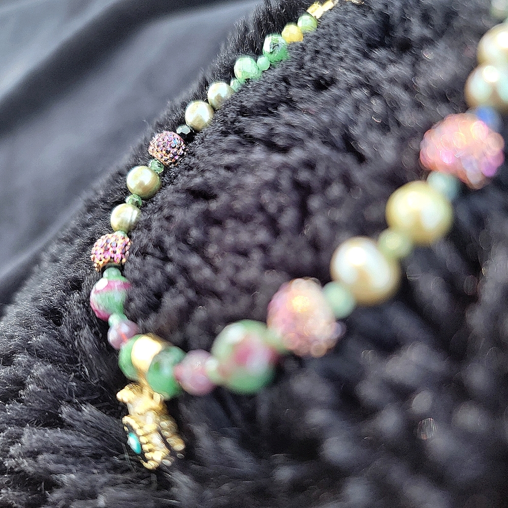 Authentic Gemstone, Pearl, + Glass Bracelet w Evil Eye Charm-Green, Gold, Purple